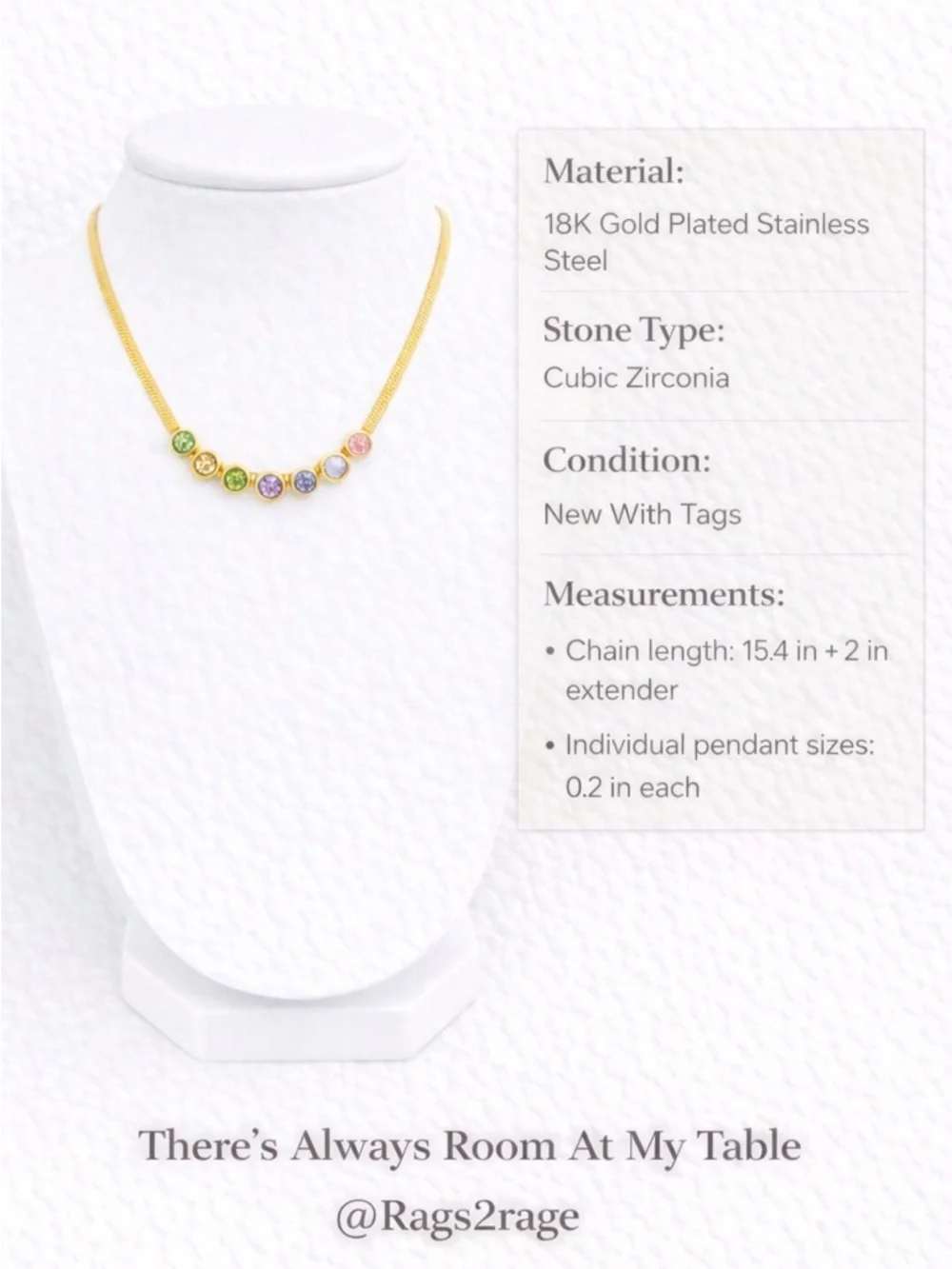 18K Gold Plated Rainbow CZ Necklace Waterproof Stainless Steel Dainty